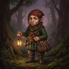 A gnome with a red cap and a satchel of tools, holding a lantern in a dusk forest