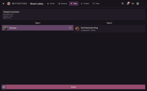 The Brawl lobby: Terenas on team 1, the Draconian King on team 2