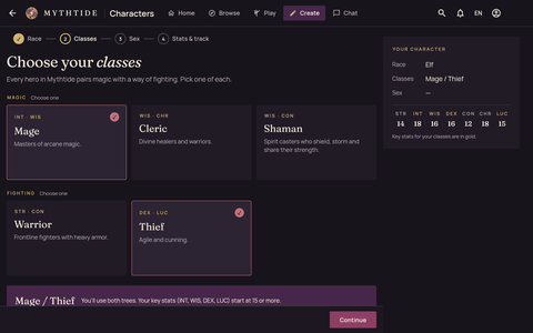 The class cards with Mage and Thief chosen, and the starting stats beside them