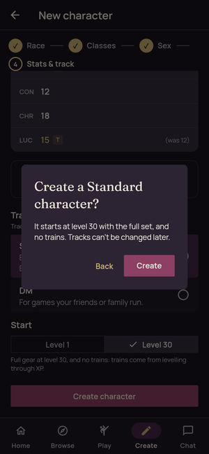 The confirm dialog: Create a Standard character?