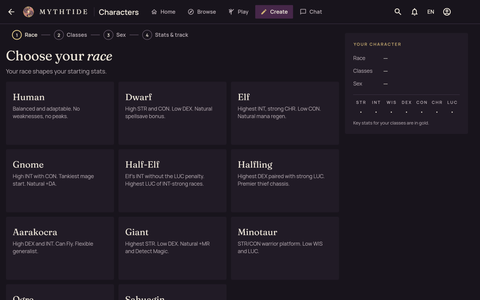 The race cards, with Elf chosen